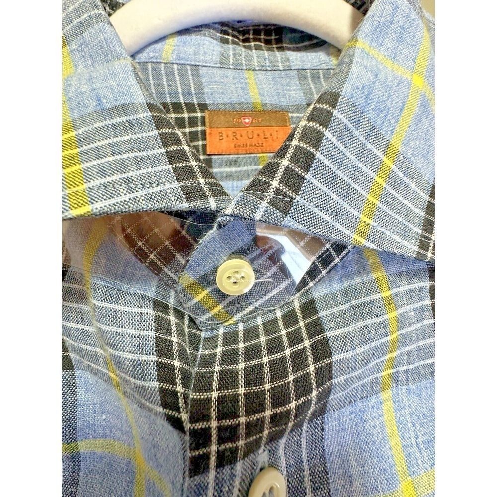 Bruli 100% Linen Shirt Swiss Made Men Large Blu Plaid 100% Button Down Long Slev